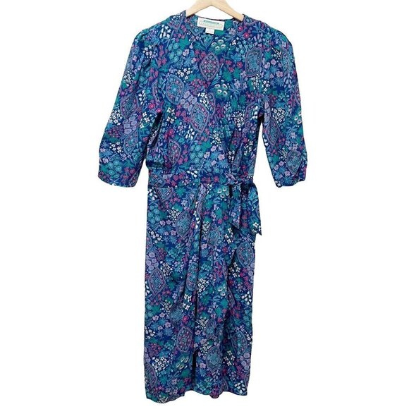 VTG 80s Jane Schaffhausen Belle France Wrap Dress Womens 6 Cottagecore - Picture 1 of 10
